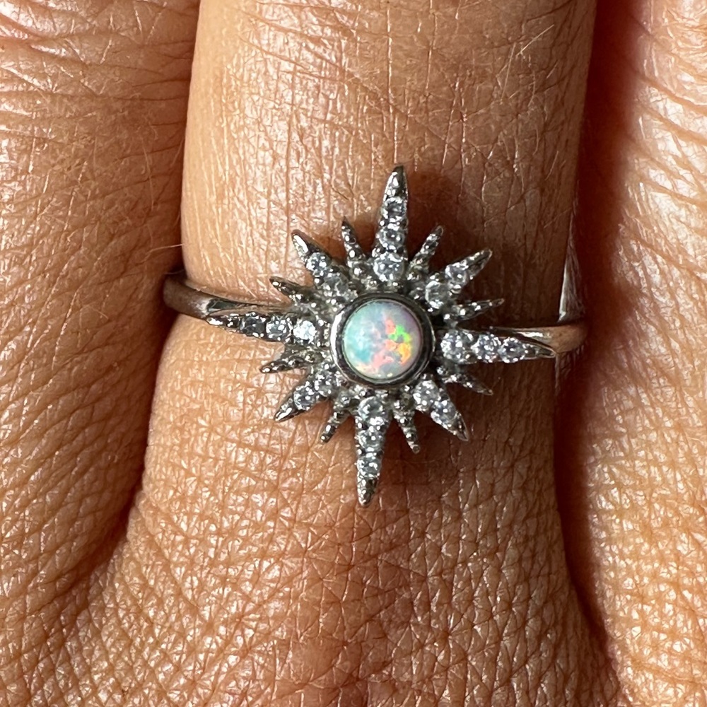 Sterling Silver White Opal & White Topaz Ring Size 6